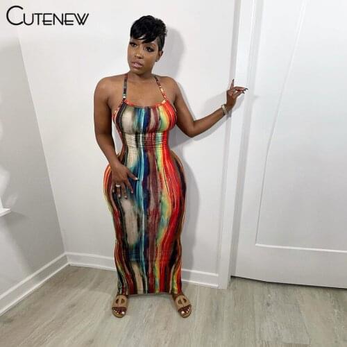 Cutenew Striped Printing Slit Back Skinny Maxi Dress For Womens Clothes Summer Casual Sleeveless Sheath Sexy Lady Strap Dresses