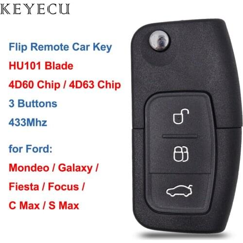Keyecu Remote Car Key Fob 3 Button 433MHZ 4D60/4D63 Chip for Ford C-Max / S-Max / Mondeo / Galaxy / Fiesta / Focus - HU101 Blade