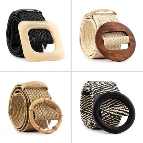 Spring And Summer Dress Decorative Belt Wood Buckle Women Fashion Simple Wild Elastic Braided Belt Bohemian Weaving Accessories