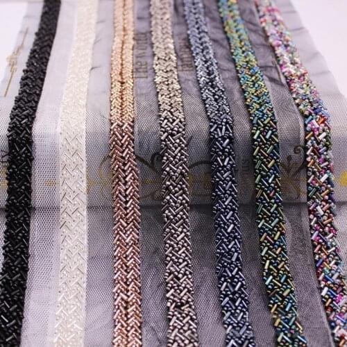 Champagne Blue Beading Pearl Trims Beaded Ribbon For Sewing Clothing Collar Headdress Accessories Black Mesh Lace Decoration