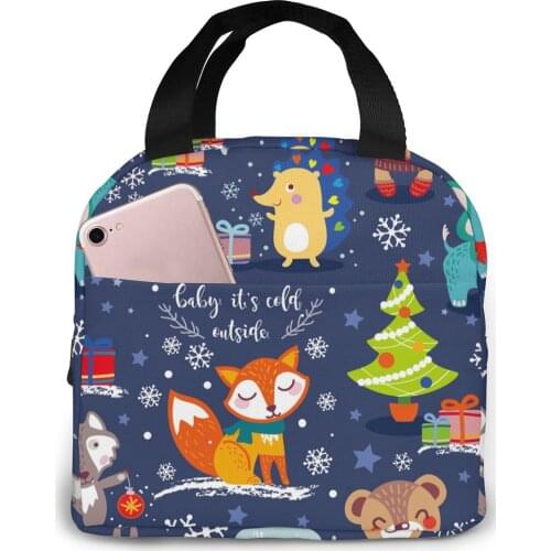 Cute Christmas Animals Cooler Bag Portable Zipper Thermal Lunch Bag Convenient Lunch Box Tote Food Bag