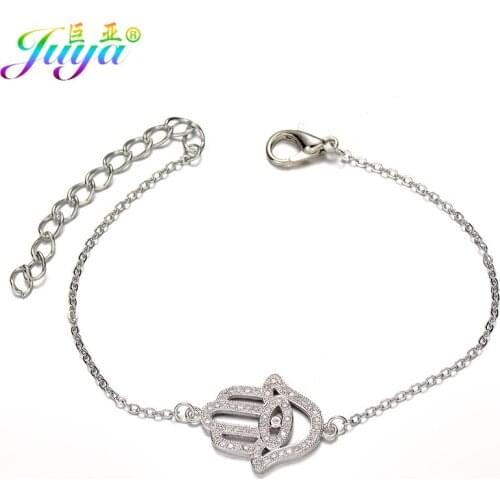 Juya Turkish Jewelry Supplies Micro Pave Zircon Hamsa Hand Charm Bracelets For Women Men Handmade Evil Eye Jewelry Bracelets