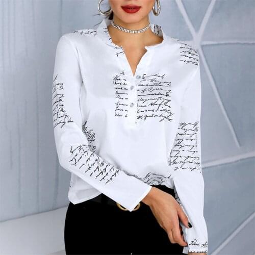 Women Workwear Clothing White V Neck Long Sleeve Tops Ladies Casual Letter Print Button Design Casual Shirt Office Formal Blouse