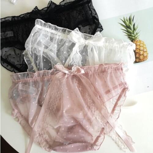 Women Sexy Panties Japan Sweet Underpants Ruffles Hollow Out LaceTransparent Underwear Big Bow Dots Cotton Briefs Cute Lingerie