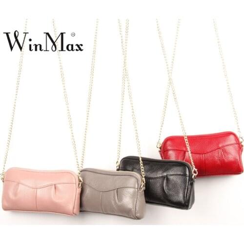 New Arrived Lovely genuine Leather Pouch pink phone Pocket Small Size Zipper Puch Wallet Clutch purse evening chain shoulder bag