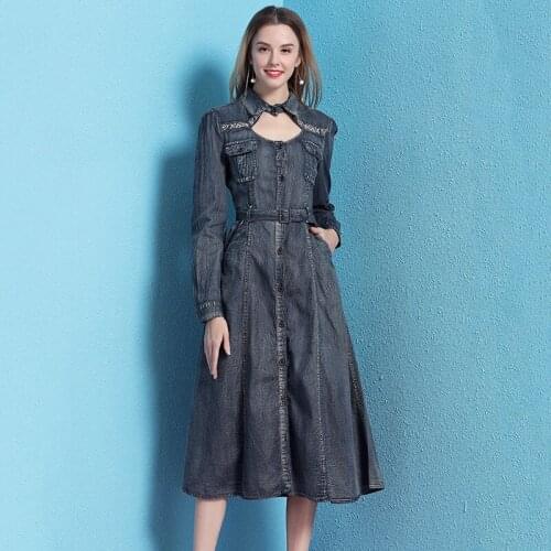 Denim dress women slimming embroidery retro sexy long dresses temperament waistband big swing a-line denim dress mujer NW19B6025