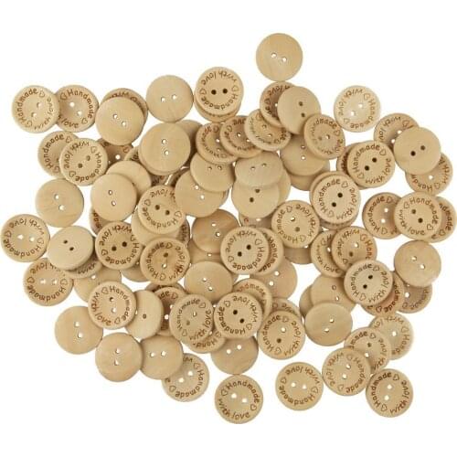 100pcs/Set Hand Made with Love Sewing Wood Button 2 Holes Round Decorative Craft Buttons