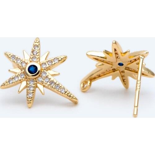 4pcs CZ Paved North Star Ear Posts with Loops,25x11mm, Real Gold Plated Brass Star Stud Earrings (#GB-1687)