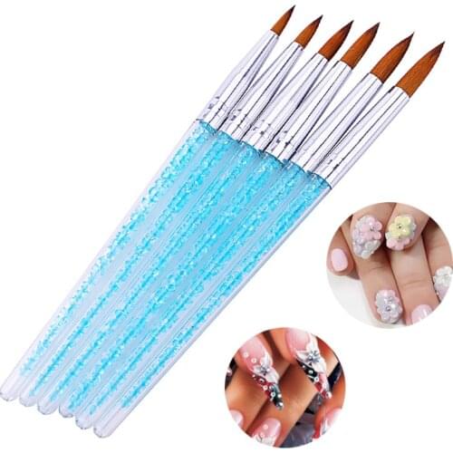 6Pcs/set Kolinsky Sable Nail Art Brush Crystal Handle Carving Dotting Drawing Pen 12/14/16/17/22/mm UV Gel Builder Manicure Tips