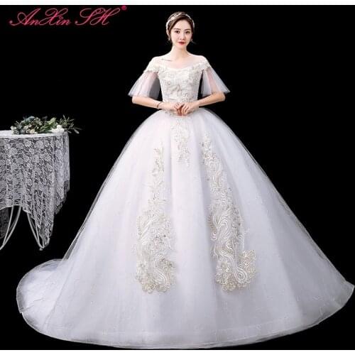 AXJFU princess flower lace white wedding dress party vintage o neck ruffles sleeve beading bride white sparkly wedding dress