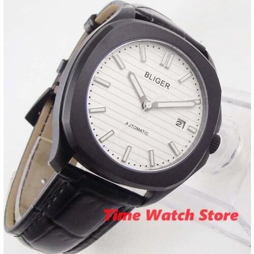 Bliger 40mm Miyota8215 PVD black mechanical watch for men leather strap white dial sapphire glass square case luminous