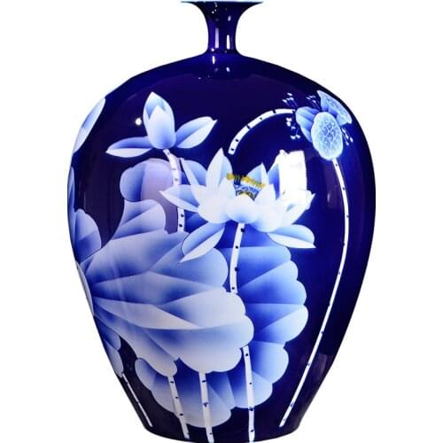 Big Blue Vase Collection Jingdezhen Ceramic Master Handpainted White Lotus Fine Porcelain Decorative Flower Vase