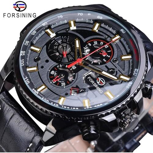 Forsining 2019 Design Black Leather Calendar Display Mechanical Military Sport Automatic Wrist Watch Top Brand Luxury Male Clock