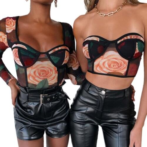 Women Rose Print Camisole Girls Summer Sexy V-neck Backless Exposed Navel Suspender Removable Sling Tank Tops