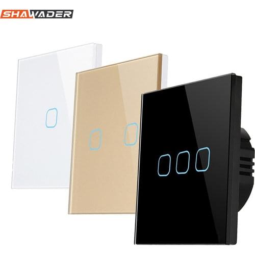 Wall Light Switch Crystal Glass Panel Touch Screen Switches Interruptor AC 90-250V 1/2/3 Gang 1 Way White Black Gold Home Office