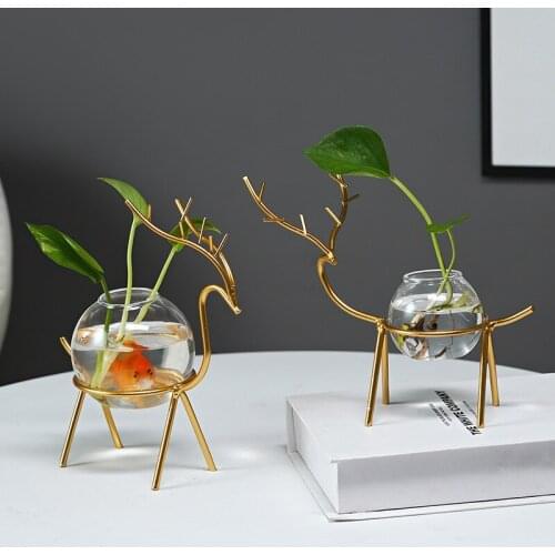 Terrarium Hydroponic Plant Vases Vintage Flower Pot Transparent Vase Metal Frame Glass Office Tabletop Plants Home Bonsai Decor