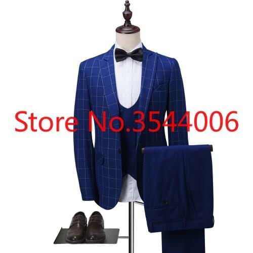 2018 Men Wedding Suits BLUE Slim Fit 3 Pieces Tuxedo Groom men floral suits wedding mens suit vest pants winter blazer pants