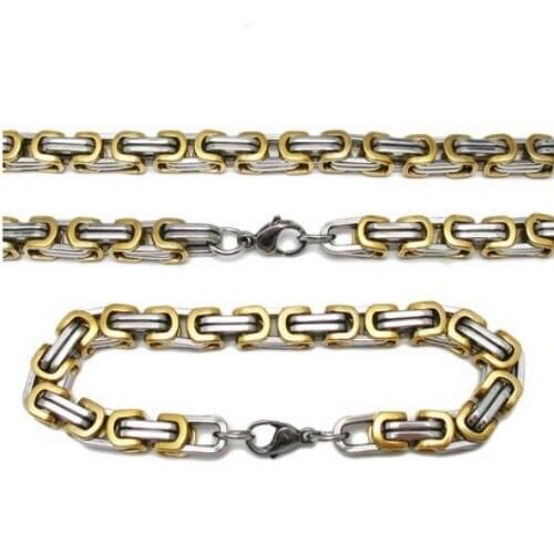 8mm Gold byzantine chain jewelry set 100% Stainless Steel necklace bracelet Mens fave gifts
