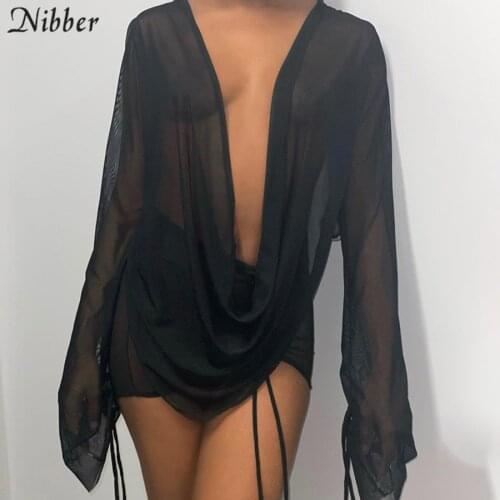 Nibber Y2K Soild Color Long Flare Sleeve Lace-up Mini Dress Women Party Club Sexy Mesh Low Cut Swinging Collar Bodycon Dress