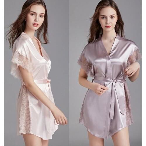 2021 New Lace Pajamas Womens Summer Silk Like Sexy Nightgown Womens Summer Solid Color Morning Gown Thin Home Wear Nachthemd