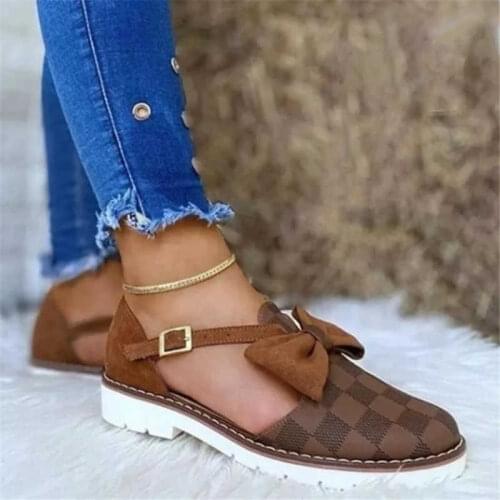New Womens Shoes High Quality Classic Plaid PU Bow Buckle Flat Heel Comfortable Fashion Casual All-match Sandals 1KB101