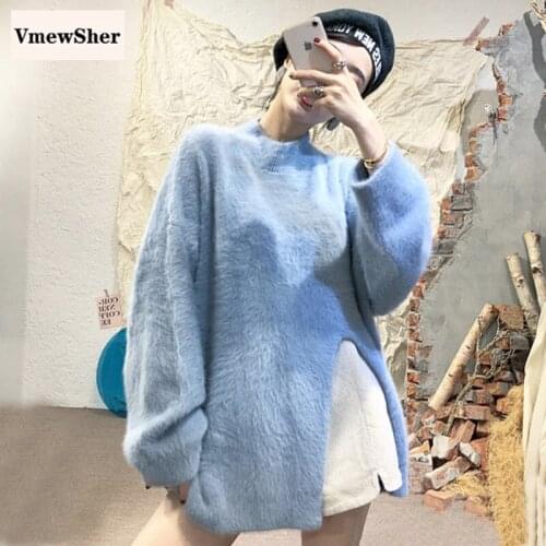 Vmewsher New Elegant Long Sweater Women Long Faux Mink Hair Plush Soft Knitwear Fashion Split Hem Pullover Mock Neck Knit Top