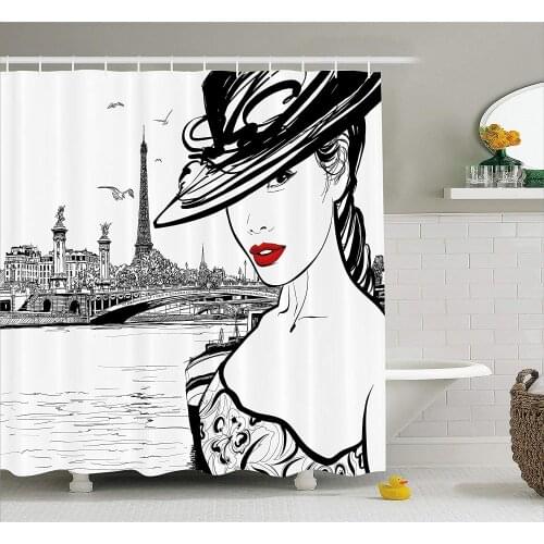 Paris Shower Curtain Hand Drawn Girl in Makeup by Seine River in Paris Antique European Life Image Bathroom Decor Set with Hooks