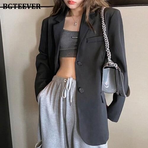 BGTEEVER Stylish Notched Collar Black Suit Jacket Female Single-breasted Loose Women Blazer Spring Outwear 2021 Ladies Suit Coat