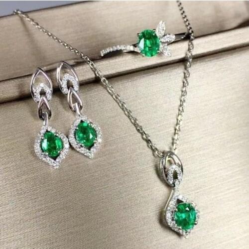 Natural green emerald ring stud earrings and necklace jewelry set for women natural water drop gem real 925 silver party gift