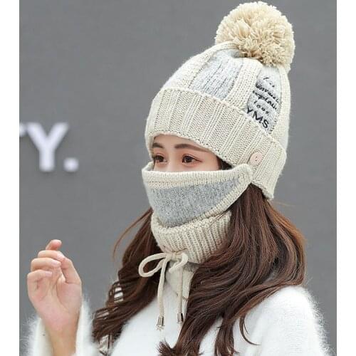 Women Winter Beanies Hat Female Autumn Wool Skullies Cap Thickened Warm Cycling Ear Neck Protection Cold-proof Knitted Cap H7279