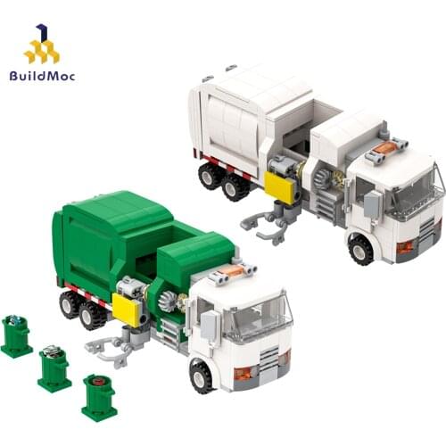 BuildMoc Technical Green White Car Garbage Truck City Cleaner Children Diy Toy Building Blocks New Year Gift Model Set