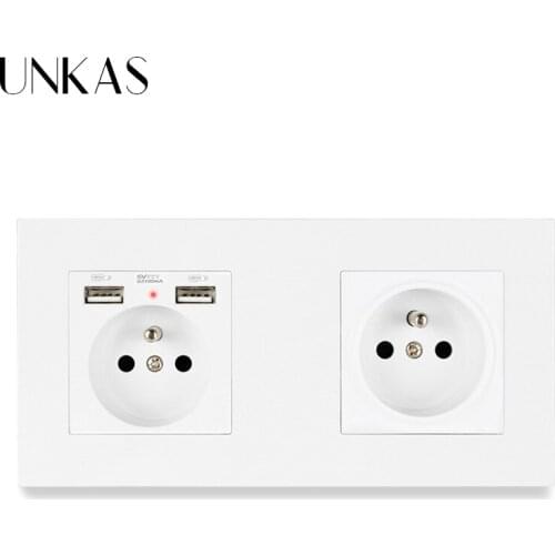 UNKAS PC Plastic Panel 1 Gang French Standard Wall Socket+1 Gang Socket with Dual USB Outlet For Mobile Phone