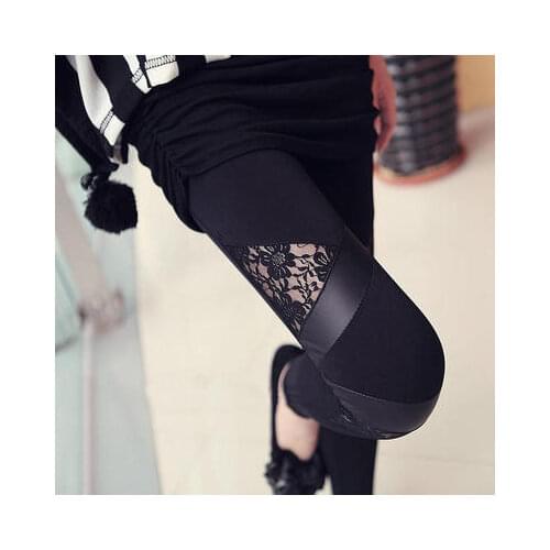 Spring Autumn Leather workout Leggings Hot Charming Warm Cheap Lace legins Sexy PU Leggins Skinny Stretch Splicing Pants