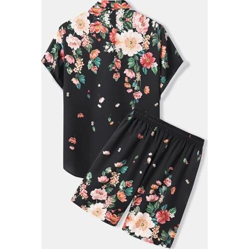 Vintage Floral Print Beach Style Sets Men Casual Button Lapel Shirt And Drawstring Shorts Fashion Two Piece Suits Men Streetwear
