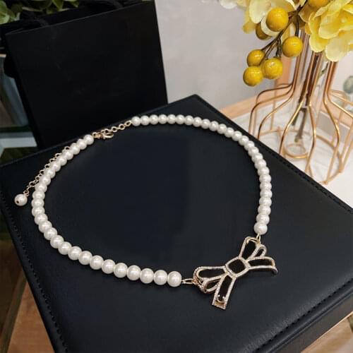 Top Quality Fashion Party Jewelry Bow Knot Pearl Necklace Luxury Party Alphabetic Necklace Vintage Chain Jewelry Necklace,Female