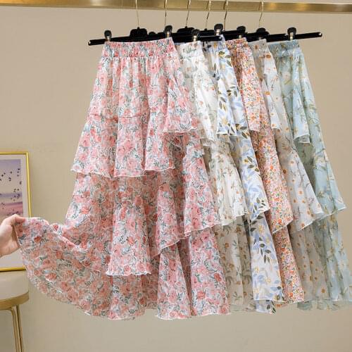 Hot Sale Floral Skirt Women New Summer 2021 Sweet Ruffled A-line Chiffon Long Skirt Woman Korean Clothing