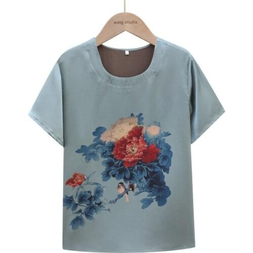 Women Summer Blouses Silk Ice Fabric Flower Print Round Neck Short-sleeved Pajamas Home Lounge Casual Plus Size T-shirt Clothes