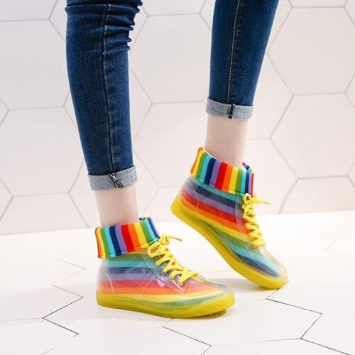 Ankle Rain Boots Women Removable Cover Platform Lace Up PU Waterproof Motorcycle Colorful Ankle Mature Boots Woman Shoes