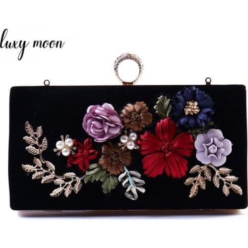 Handmade Embroidery Flower Clutch Bag For Women Exquisite Black Velour Evening Bags Wedding Bridal Purse Chain Handbag ZD1086