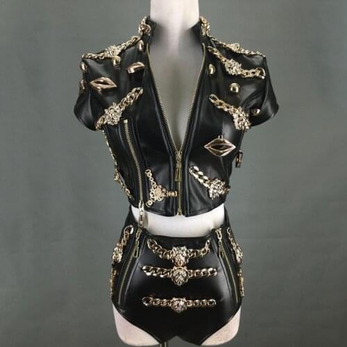 Women Nightclub DJ Singer Clothes Jazz Pole Dance Costume Club Rave Outfit Gogo Dancer Leather 2 Pieces Suits American Clohting