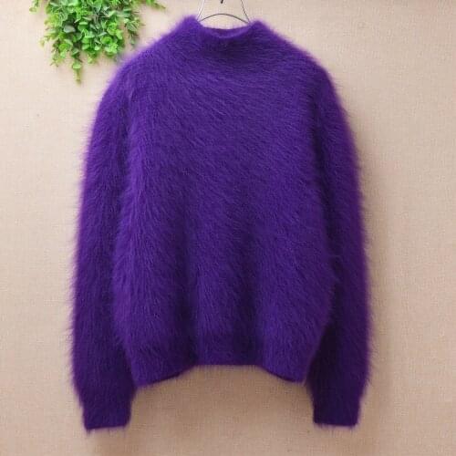 Female women hairy plush mink cashmere knitted long sleeves turtleneck short crop top loose pullover angora fur jumper sweater