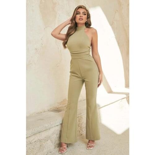 2021 Fashion Summer Elegant Sezy Off Shoulder Halter Bodycon Jumpsuits Women Sexy Sleeveless Chiffon Loose Wide Leg Rompers