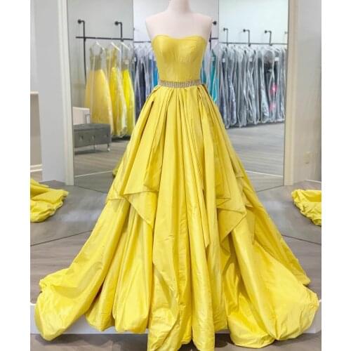 Long Yellow Strapless Beaded Prom Dresses with Pockets Lace UpBack Robe De Soiree Floor Length Formal Party Dresses for Women