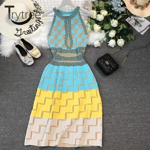 Trytree Summer Autumn Women Dress Knitting Elastic Casual Geometric O-neck Sleeveless Dresses A-Line Mid-Calf High Street Dress