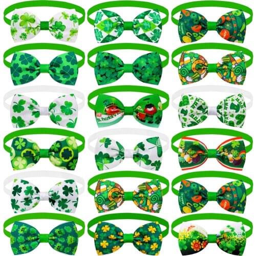 100Pcs Dog Bowtie ST Patricks day Pet Supplies Pet Dog Cat Bow Tie Neckties White Green Dog Bows Pet Bowties Dogs Supplies