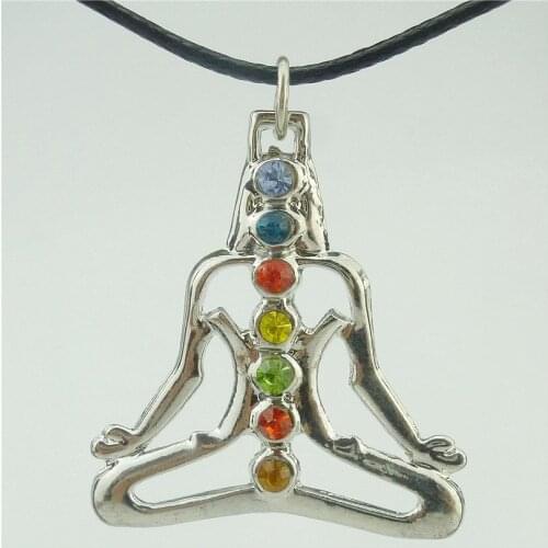 15883 Random rhinestone Alloy Dull Silver Chakra Pendant Buddha Yoga Meditation Crystal 17" Necklace