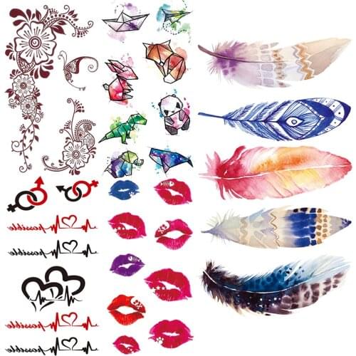 Watercolor Feather Temporary Tattoos For Kids Women Children Lace Animal Fake Tattoo Sticker Hand Armband Lips Heart Tatoo Paper