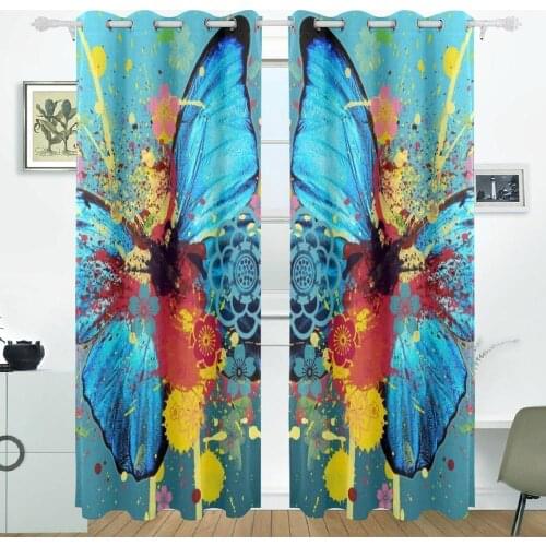 Watercolor Butterfly Curtains Drapes Panels Darkening Blackout Grommet Room Divider for Patio Window Sliding Glass Door 55x84