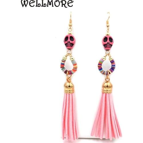 WELLMORE long Tassel earrings have blue/pink/beige 3 color fashion stone skull tassel earrings for women