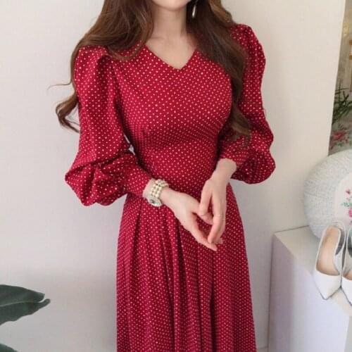 Polka Dot Elegant Spring Autumn Commuter V-Neck Womens Dress Korean Clothing Vintage Lantern Sleeve Bandage Dress Femme Robe